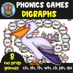 the phonics games diggraphs book with an image of a pelican