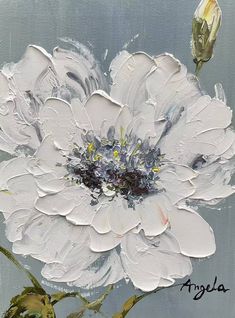 a painting of a white flower on a gray background with the words argela written below it