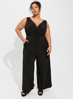 Studio Knit Surplice Tie Back Jumpsuit Studio Knit, Jumpsuit Fitted, Black Wardrobe, Statement Outfit, Purple Maxi, Purple Maxi Dress, One Piece Outfit, Deep Black, Black Jumpsuit