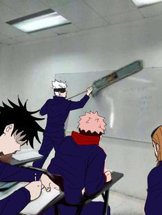 an animated image of people in a classroom with one person pointing at the other man