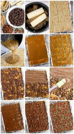 the steps to making peanut butter fudge cake are shown in this collage, including frosting and toppings