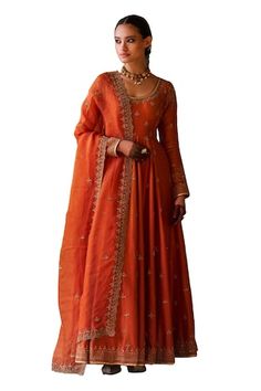 Rust chanderi anarkali with dori and aari hand embroidery. Comes with pant and an organza dupatta. - Aza Fashions Orange Indian Outfit, Orange Anarkali, Kurta And Sharara, Ethnic Wear Indian, Trendy Outfits Indian, Anarkali Dress Pattern, Indian Bridal Lehenga, Stylish Short Dresses, Indian Wedding Wear