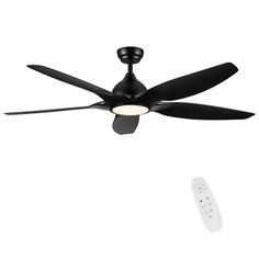 a black ceiling fan and remote control on a white background with the light turned off