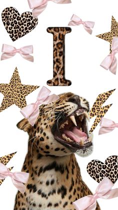 a leopard with it's mouth open and its tongue out, surrounded by pink bows