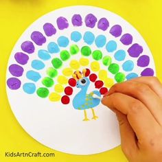 a hand is holding a paper plate with a turkey on it and colorful circles around it