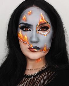 fire burning halloween illusion makeup Burnt Face Makeup Halloween, Burn Makeup Halloween, Fire Makeup Halloween, Fire Element Makeup, Fire Face Paint, Burn Makeup Special Effects, Fire Inspired Makeup, Flame Makeup, Scary Beauty