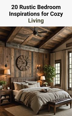 a bedroom with wooden walls and ceiling is featured in the cover of an article about rustic bedroom inspirations for cozy living