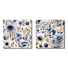 two blue and white floral paintings on canvases, each with different flowers in them