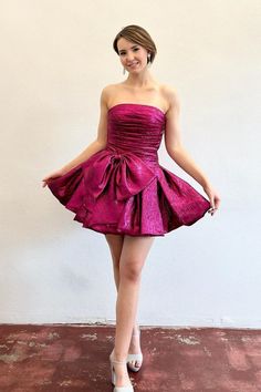 Strapless Fuchsia Ruched Short Dress with Bow Fit And Flare Mini Corset Dress For Party, Satin A-line Mini Dress With Ruched Bodice, Gala Mini Strapless Dress With Ruched Bodice, Formal Strapless Dress With Pleated Waist, A-line Mini Dress With Bow For Prom, Cocktail Mini Corset Dress With Ruched Bodice, Prom Mini Dress With Pleated Bodice, Pleated Bodice Mini Dress For Prom, Party Fit And Flare Corset Dress With Pleated Bodice