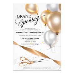 a grand opening party with gold and silver balloons, scissors and streamers on white paper