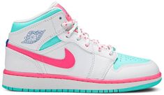 The Air Jordan 1 Mid GS ??Digital Pink?? is the youth sizing of Michael Jordan?s first signature shoe in a bright and vibrant colorway. Appearing on the Jordan 1 Mid . the upper displays smooth white leather on the forefoot . mid-panel . collar . and heel. Eye-pleasing Aurora Green leather can be found on [...] Air Jordan 1 Mid Digital Pink, Air Jordan 1 Mid Gs, Pink Jordans, Preppy Shoes, Mid Top Sneakers, Cute Nike Shoes, Cute Nikes, Shoe Inspo, The Youth