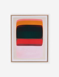 an abstract painting with red, green and orange stripes in a wooden frame on a white wall