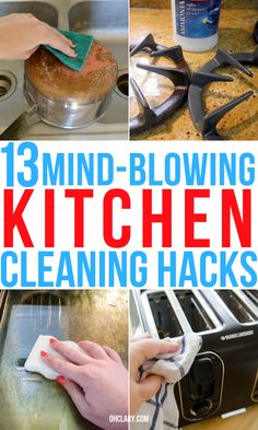 a series of photos showing how to use kitchen cleaning hacks