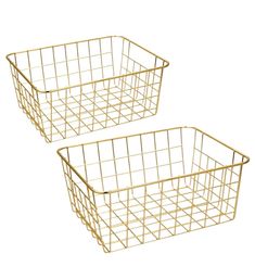 two gold wire baskets sitting next to each other on a white background, one is empty and the other has no handles