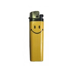 a yellow lighter with a smiley face on it