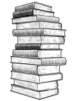 a stack of books on top of each other, hand drawn in black and white