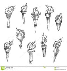 different types of torchs with flames on them, hand drawn in black and white