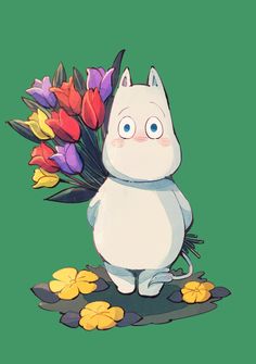 a cartoon character holding flowers in his hands