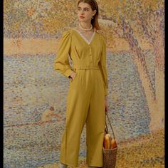 New With Tag Elegant Yellow Jumpsuits And Rompers For Work, Elegant Yellow Jumpsuits For Workwear, Elegant Yellow Long Sleeve Jumpsuit/romper, Elegant Yellow Long Sleeve Jumpsuit, Yellow V-neck Jumpsuits And Rompers For Work, Orange Fitted Elegant Jumpsuit, Elegant Fitted Orange Jumpsuits And Rompers, Elegant Fitted Orange Jumpsuit, Orange Jumpsuits And Rompers For Work