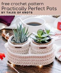 two crochet pot holders with succulents in them on a table