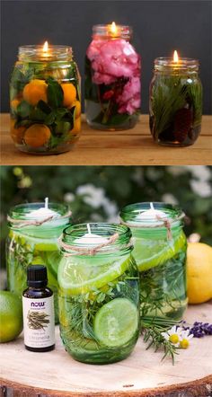 mason jars filled with cucumbers, lemons and herbs