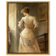 a painting of a woman in a white dress looking out the window with her hands on her hips