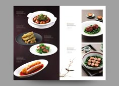 an image of a menu with different foods on the table and in it's place settings