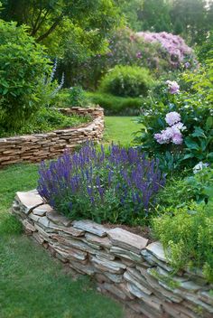 a garden filled with lots of green grass and purple flowers next to a stone wall