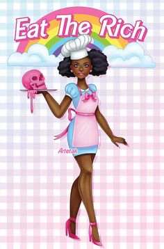 a woman holding a pink skull in her hand and wearing a chef's hat