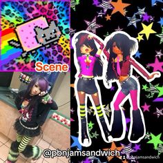 two girls are standing in front of a wall with stars and neon colors on it