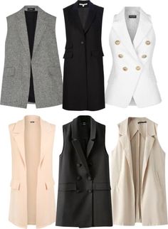 Sleeveless Blazer Vest Outfit, Vest Over Dress, Best Interview Outfits, Long Blazers, Long Waistcoat, Interview Outfits Women, Sleeveless Coat, Sleeveless Blazer, White Vest