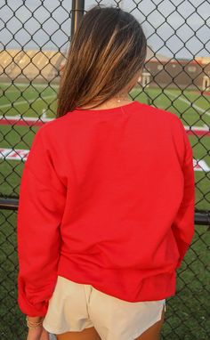 This red crewneck sweatshirt has a vintage feel with the "AR" on the chest. The tiny print is simultaneously trendy and timeless. Haley is 5'6" and is wearing size XL Phoebe is 5'4" and is wearing size medium sizing guide: small: 40” bust | 26” length medium: 46” bust | 27” length large: 48” bust | 28” length extra large: 50” bust | 29.5” length extra extra large: 56” bust | 31” length 50% cotton | 50% polyester WE ONLY OFFER STORE CREDIT FOR RETURNS! Feel free to email us at orders@shopriffraff University Red Crew Neck Sweatshirt For Fall, Red Sweatshirt For Game Day In Fall, University Red Crew Neck Sweatshirt For Game Day, Oversized Red Sweatshirt With Graphic Print, Oversized Red Graphic Print Sweatshirt, Red Relaxed Fit Crew Sweatshirt, Red Urban Crew Neck Sweatshirt, Red Retro Cotton Sweatshirt, Hamptons Summer