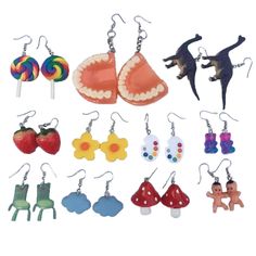 PRICES MAY VARY. Package Includes: Cute gummy candy bear earrings, yellow duck rubber earrings, Mushroom earrings, different styles total 11 pairs alt unique earrings, enough choice for you to choose the proper color to match your outfits. Lightweight Material: our colorful earrings are made of resin and alloy, which are lightweight and reliable material, will not add much burden to your ears, safe and non-toxic to wear, won’t cause any discomfort. Adorable Design: the earrings set are designed Dinosaur Jewelry, Fruit Animals, Flower Fruit, Strawberry Flower, Funny Earrings, Cream Earrings, Lollipop Candy, Popular Jewelry, Gummy Bear