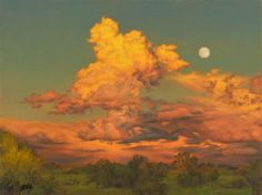 an oil painting of clouds in the sky over a green field with trees and grass