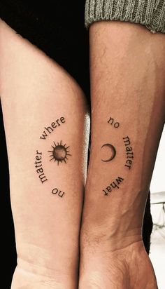 two people with matching tattoos on their arms, one has the sun and the other has the moon