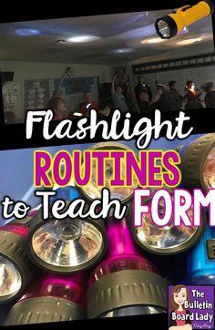 a group of people standing around with some bright lights on top of them and the words flashlight routines to teach form