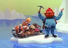 an animated character standing on top of ice with other cartoon characters in the water behind him