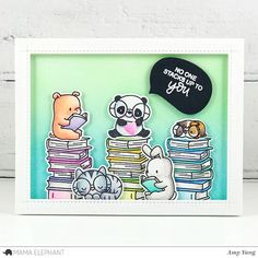 a card with some animals and books on it