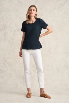 We love the crinkle effect of this fresh Ink-coloured t-shirt. Drawing on the French marinière style, this t-shirt features button detailing along the wearer’s left as well as a smart crew neck. It’s an all-season top that will bring elegance to any ensemble like our Bengajean® 7/8th Button Detail and Harli Cross Strap. Chic Cotton Tops With Crinkle Texture, Casual Short Sleeve Textured Top, Casual Textured Short Sleeve Top, Casual White Textured Tops, Textured Crew Neck Casual Tops, Textured Casual Crew Neck Tops, Casual Textured Crew Neck Top, Relaxed Fit Textured Crew Neck Top, Textured Relaxed Fit Crew Neck Top