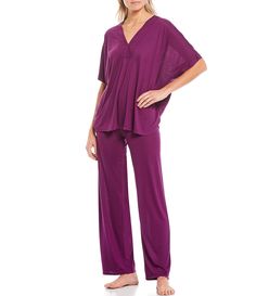 Casual V-neck Sets For Pajama Party, Casual V-neck Pajama Party Set, Casual V-neck Lounge Sets, Relaxed Fit Viscose Sleepwear For Loungewear, Casual Viscose Sleepwear For Loungewear, Relaxed Fit V-neck Sleepwear For Loungewear, Relaxed Fit V-neck Loungewear Set, Relaxed Fit Short Sleeve Pant Set For Loungewear, Purple Eggplant