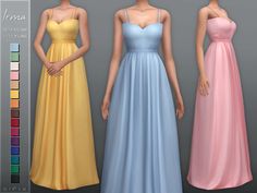 three women in long dresses standing next to each other with color swatches on them