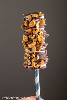 a hand holding a chocolate covered donut with nuts on top and a blue striped straw