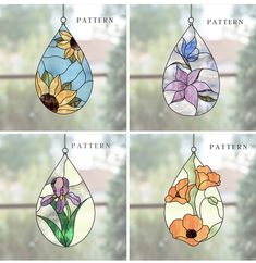 four different stained glass designs with flowers in them