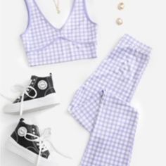 Shein Size M Purple And White 2-Piece Set Nwot Casual Purple Sleeveless Sets, Purple V-neck Summer Sets, White Set, Purple And White, Color Purple, 2 Piece, Purple, Women Shopping, White