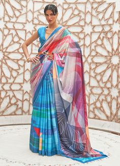 Blue Multicolored Digital Printed Crape Silk Saree Kalamkari Blouse, Crepe Silk Sarees, Crepe Saree, Kalamkari Saree, Satin Saree, Blue Saree, Trendy Blouses, Printed Saree, Party Wear Sarees