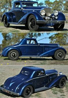 three pictures of an old blue car in different stages