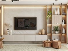 a living room filled with furniture and a flat screen tv mounted on a wall above it