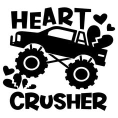 a black and white image of a monster truck with hearts on it's side