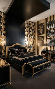 a bedroom with black and gold decor on the walls, carpeted flooring and furniture