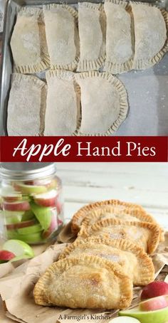 apple hand pies are shown in this collage with apples and other food items